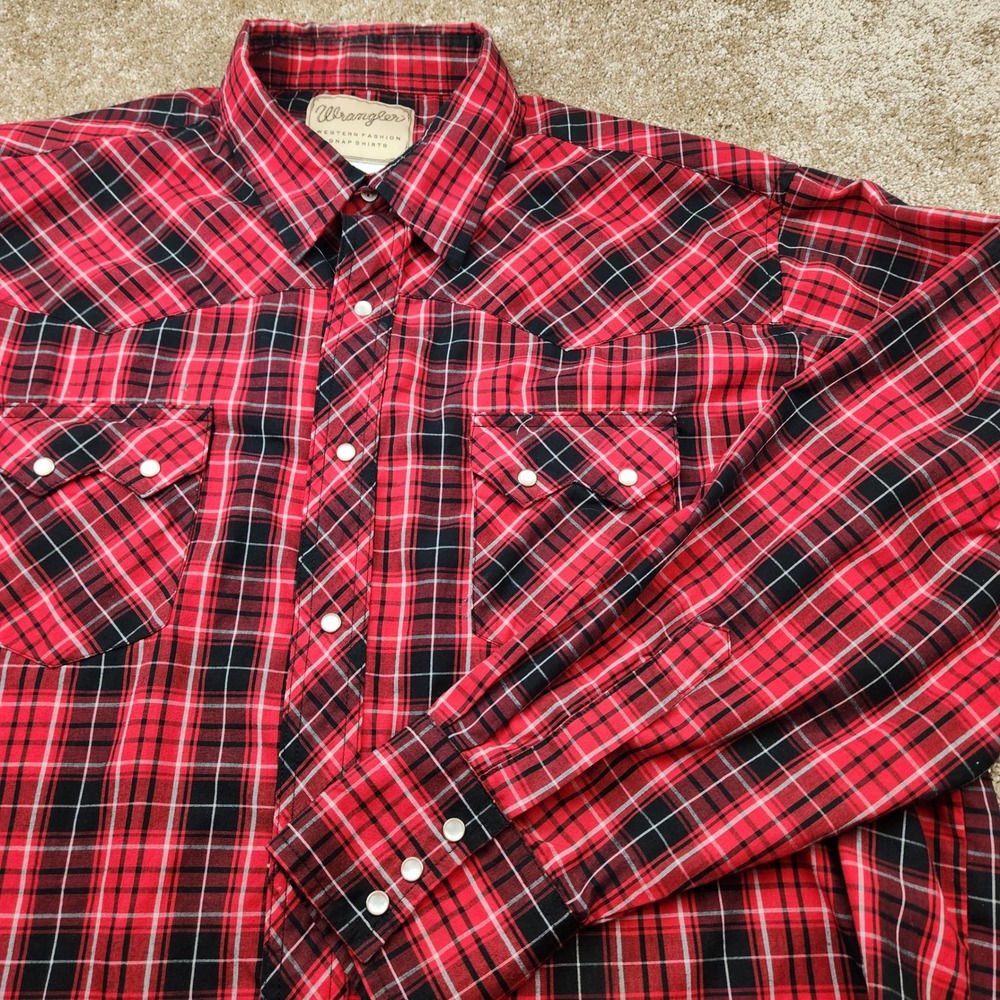 Wrangler Mens 2XL Big & Tall Western Snap Shirt Red Black Plaid Long Sleeve